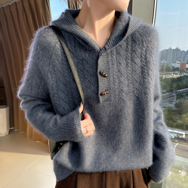 Pull à capuche tricoté en cach - Wool Coat Peacoat avis et prix